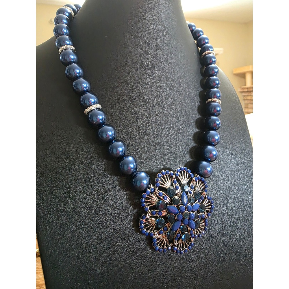 Blue Faux Pearl Glass Statement Necklace Rhinestone Floral Pendant Silver Tone